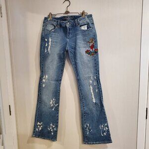 Celebrity Pink Distressed Flared Leg Embroidered Jeans Women's Size 9